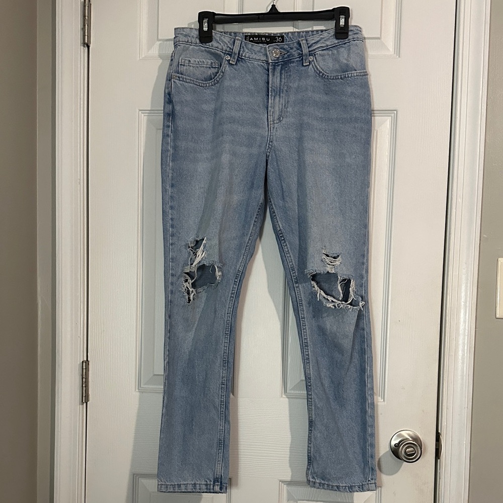 Amisu Light Blue Ripped Straight Leg Jeans